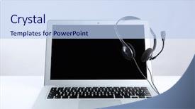  Presentation with tablets wood table tablet white - PPT theme consisting of free technicial - laptop with headset on white background and a light blue colored foreground