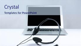  Presentation with laptop - Presentation with free technicial - laptop with headset on white background and a light blue colored foreground