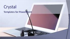  Presentation with laptop - PPT layouts with free technicial - laptop with headset on white background and a sky blue colored foreground