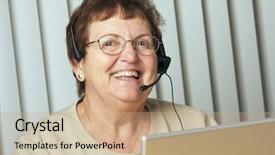  Presentation with telephone - Colorful PPT theme enhanced with free technicial - smiling senior adult with telephone backdrop and a coral colored foreground