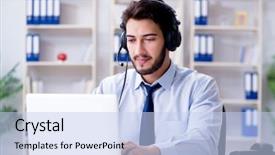  Presentation with call center - PPT theme enhanced with free telephone - call center employee working background and a light blue colored foreground