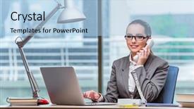  Presentation with call center agent reporting - Beautiful PPT layouts featuring free telephone - call center operator in business backdrop and a light blue colored foreground