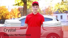  Presentation with delivery boy - PPT theme consisting of free templates - pizza delivery boy holding boxes background and a red colored foreground