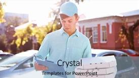  Presentation with delivery boy - Presentation enhanced with free templates - pizza delivery boy holding boxes background and a light blue colored foreground