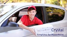  Presentation with delivery boy - Slide set featuring free templates - pizza delivery boy in car background and a sky blue colored foreground
