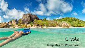  Presentation with tropical - Colorful PPT layouts enhanced with free templates - young woman snorkeling on tropical backdrop and a mint green colored foreground