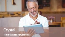  Presentation with coffee shop - Presentation design with free time - casual man using his tablet background and a coral colored foreground