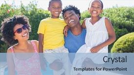  Presentation with free family - Presentation consisting of free time - happy family smiling at camera background and a light blue colored foreground