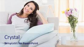  Presentation with social isolation - Presentation theme with free time - pretty brunette using her laptop background and a lemonade colored foreground