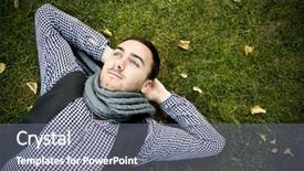  Presentation with green officebuilding man - Theme having free time - young handsome man lying background and a gray colored foreground