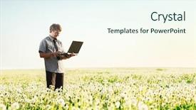  Presentation with laptop - Colorful slide deck enhanced with environment management - happy young man with laptop backdrop and a sky blue colored foreground