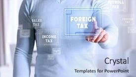  Presentation with foreign - Colorful theme enhanced with free trade - man pushing foreign tax button backdrop and a light blue colored foreground
