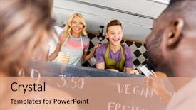  Presentation with free trade - PPT theme having free trade - street sale payment and people background and a coral colored foreground