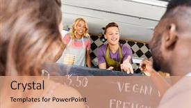  Presentation with free trade - Slides having free trade - street sale payment and people background and a coral colored foreground