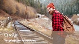  Presentation with helping man mountain - PPT layouts featuring free train - cheerful attractive bearded young man background and a coral colored foreground