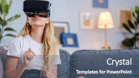  Presentation with young business woman smile show - Amazing slide set having free visualization - attractive young woman in vr backdrop and a  colored foreground