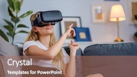  Presentation with young business woman smile show - Cool new PPT theme with free visualization - attractive young woman in vr backdrop and a  colored foreground