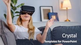  Presentation with young business woman smile show - Beautiful presentation featuring free visualization - attractive young woman in vr backdrop and a  colored foreground