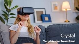  Presentation with young business woman smile show - Presentation theme having free visualization - attractive young woman in vr background and a  colored foreground