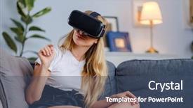  Presentation with young business woman smile show - Presentation theme enhanced with free visualization - attractive young woman in vr background and a  colored foreground