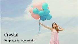  Presentation with helium - Amazing PPT theme having young woman with colorful balloons backdrop and a light gray colored foreground