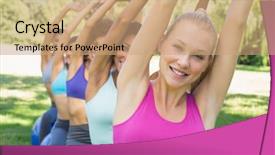  Presentation with stretching - Beautiful PPT layouts featuring free workbalance - row of sporty women doing backdrop and a  colored foreground