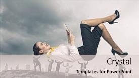  Presentation with child girl reading a book - Slide deck enhanced with free workbalance - young businesswoman lying and reading background and a lemonade colored foreground