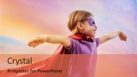  Presentation with children little child girl plays - PPT theme enhanced with freedom concept - little girl plays superhero background and a coral colored foreground