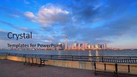  Presentation with new york city - Colorful slide deck enhanced with freedom tower - downtown manhattan skyline at sunset backdrop and a  colored foreground