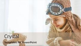  Presentation with airplane pilot - PPT layouts enhanced with freedom wings - happy child girl playing background and a coral colored foreground