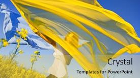  Presentation with rapeseed - Presentation theme having freedom young woman with yellow and blue shawl in rapeseed field background and a yellow colored foreground