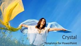  Presentation with rapeseed - Presentation theme featuring freedom young woman with yellow and blue shawl in rapeseed field background and a light blue colored foreground