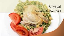  Presentation with salad dressing - Audience pleasing theme consisting of freekeh salad with chickpeas onion parsley celery and a lemon juice and olive oil dressing and a chicken leg with tomato backdrop and a blonde colored foreground