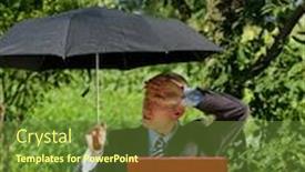  Presentation with under umbrella - Cool new theme with freelance concept businessman working outdoors hiding from the sun under umbrella backdrop and a tawny brown colored foreground