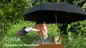  Presentation with under umbrella - Beautiful theme featuring freelance concept businessman working outdoors hiding from the sun under umbrella backdrop and a tawny brown colored foreground