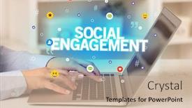  Presentation with social media - Amazing PPT theme having freelance-woman-using-laptop backdrop and a coral colored foreground