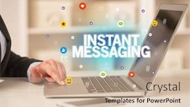  Presentation with instant messaging - Slide deck featuring freelance-woman-using-laptop background and a coral colored foreground