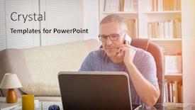  Presentation with smart home - Amazing presentation design having freelancer working on laptop computer while talking on the smart-phone at home or office backdrop and a soft green colored foreground