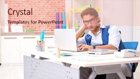  Presentation with search - Slide set having freelancer working on new project background and a  colored foreground