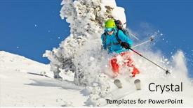  Presentation with freeze - Amazing theme having freeride skier with rucksack running downhill in freeze motion of snow powder backdrop and a light gray colored foreground