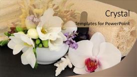  Presentation with aromatherapy - Presentation with freesia orchid honeysuckle and lavender flower blossom aromatherapy spa bottle towels and ex foliating scrub with coral shell over slate background background and a coral colored foreground