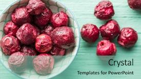  Presentation with peach and cherries - Presentation theme consisting of processing preserves - freeze dried cherries in bowl background and a mint green colored foreground