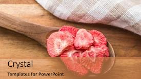  Presentation with gluten free bread on wooden - Slides with processing preserves - freeze dried strawberry slices background and a  colored foreground