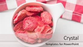  Presentation with dried banana chips - Colorful theme enhanced with processing preserves - freeze dried strawberry slices backdrop and a  colored foreground