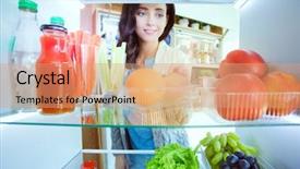  Presentation with refrigerator - Presentation theme with freezer - open refrigerator with fresh fruits background and a coral colored foreground