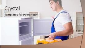  Presentation with freezer - PPT layouts having freezer - repairman contractor repairing fridge background and a light gray colored foreground
