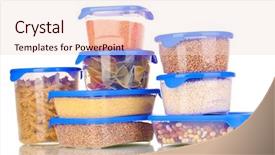  Presentation with freezer - Slides having freezer packaging - filled plastic containers isolated background and a  colored foreground