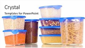  Presentation with plastic containers - Presentation having freezer packaging - filled plastic containers isolated background and a  colored foreground