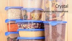  Presentation with plastic containers - Beautiful PPT theme featuring freezer packaging - filled plastic containers on wooden backdrop and a  colored foreground