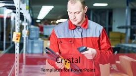  Presentation with scanner - Cool new slide deck with freight forwarding - worker with laser barcode scanner backdrop and a red colored foreground